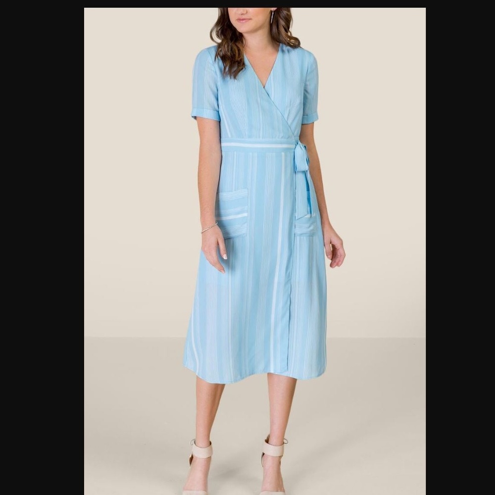 NWT MIDI BABY BLUE WHITE STRIPES, SIDE TIE, POCKET